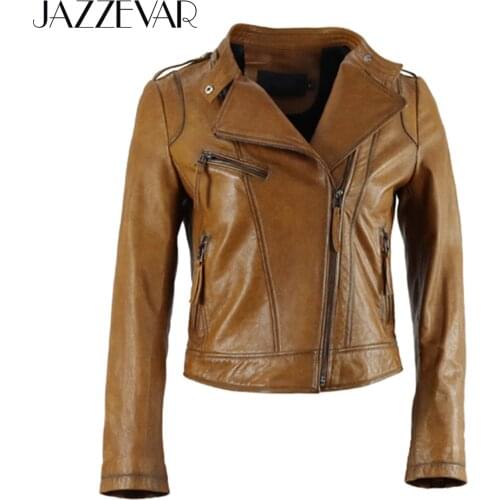 JAZZEVAR 2021 New High Fashion Street Women Real Sheep Skin Leather Jacket Ginger color Genuine Leather short Motorcycle Jackets