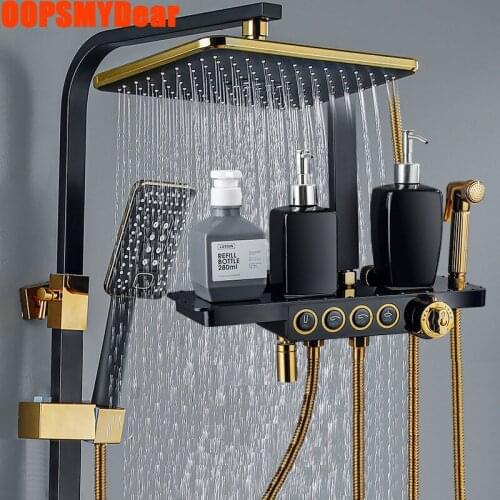 Thermostatic Shower Set Bathroom Hot Cold Mixer Shower System Wall Mount Square Head SPA Rainfall Bath Faucet Luxury Copper Tap