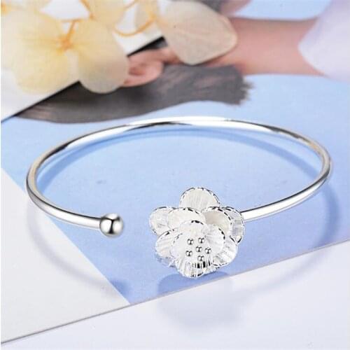 New Arrival Korean Style Fashion 925 Sterling Silver Jewelry Bracelets Female Sweet Cherry Flower Female Gift Bangles SB139