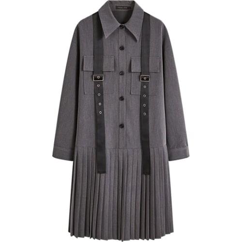 PERHAPS U Gray Shirt Dress Pleated Pocket Button Long Sleeve Knee Length Dress Loose A Line D2042