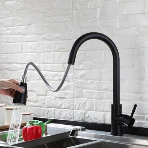 Pull Out Kitchen faucet 304 Stainless Steel Pull Down Cold and Hot Water Tap Mixer Spray Kitchen Sink Faucet Black Basin Crane