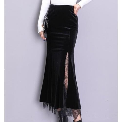 2021 autumn winter fashion velvet package hip skirt lady split high waist long skirt