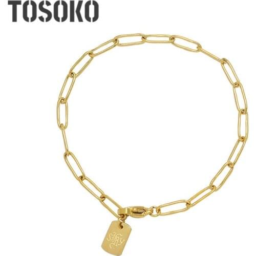 TOSOKO Stainless Steel Jewelry 18 K Gold Letter Long Brand Bracelet Female Hip Hop Hollow Chain Bracelet BSE273