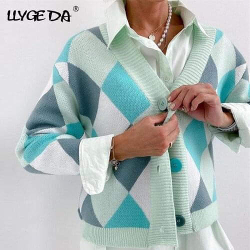 Color Block Argyle Plaid Cardigan for Women Sweaters Fashion V-Neck Long Sleeve Knitted Womens Sweater 2021 Autumn Ladies Top