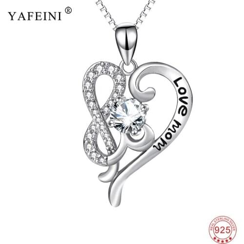 Real 925 Sterling Silver Love Heart CZ Crystal Pendants Necklaces Love Mom Mother Gift infinity Love Fine Jewelry For Women