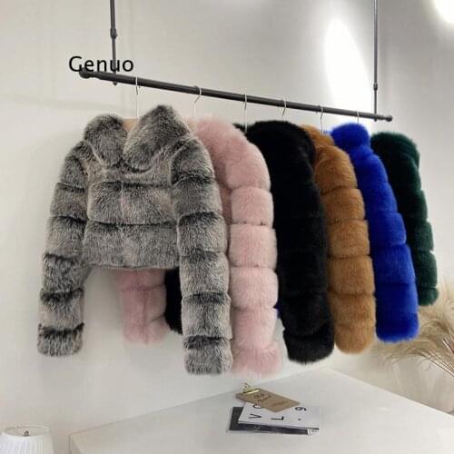 Women Fashion Luxury Cropped Faux Fur Coat Hooded Autumn Winter Warm Overcoat Woman Warm Fake Fur Solid Color Coats Female Ladie