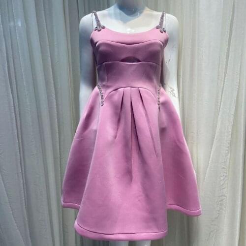 Women Elegant Diamonds Summer Cami Dress Cut Out Purple Sleeveless Chain High Waist Sweet Ball Gown Party Dress