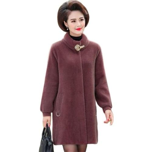 2021 Women Winter Cashmere Woolen Coat New Imitation Mink Jacket Middle-aged Mother Large Size Outerwear Long Knitted Cardigan