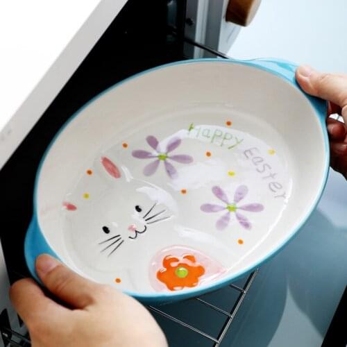 2021 New Cartoon Cute Binaural Oval Ceramic Oven Home Cheese Baked Rice Deep Soup Plate