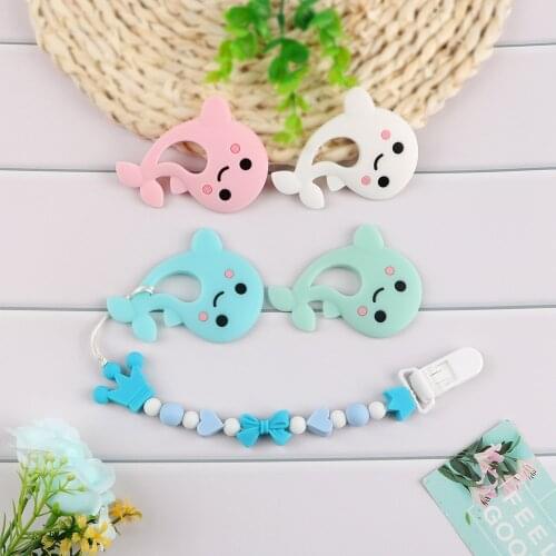 Kovict 5/10pc Cartoons Dolphin Food Grade Silicone Teether Bracelet Pacifier Chain Clip Pendant BPA Free Baby Teeth Toy Necklace