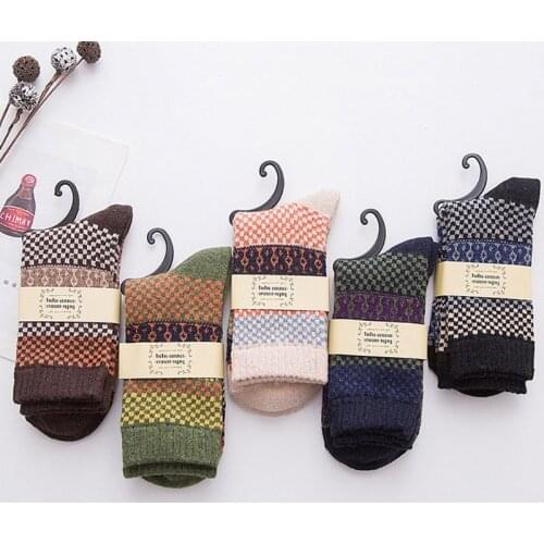 5 pair Mens Vintage Ethnic Woolen Warm Long Socks Checked Striped Geometric Ribbed Knit