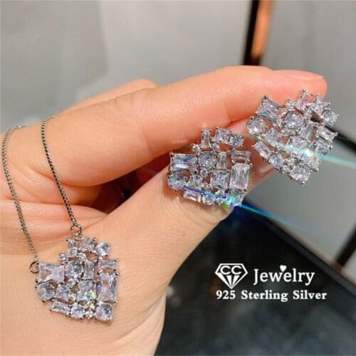 CC Jewelry Sets For Women S925 Silver Heart Cubic Zirconia Stud Earrings Necklaces Pendants Bridal Wedding Fine Accessories