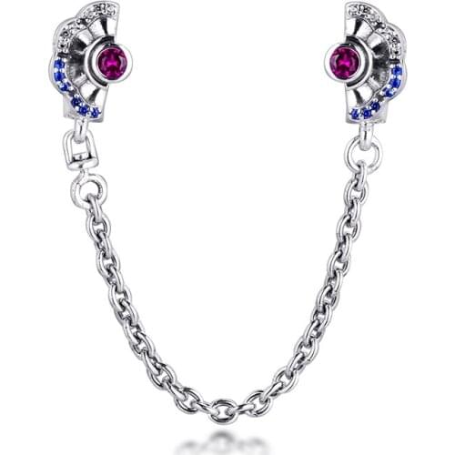 GPY Blue & Pink Fan Safety Chain Charms 925 Original Fit Pandora Bracelet Sterling Silver Beads for Jewelry Making DIY Berloque