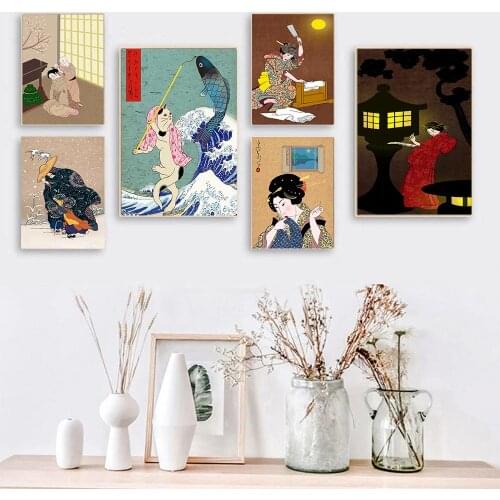 Canvas Wall Art Cartoon HD Japanese Illustration Geisha Sea Wave Sewing Clothes Print Poster Home Decor Painting