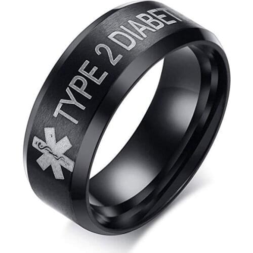 Diabetic Medical Alert ID Ring for Men Woman 8MM Width ICE SOS Emergency Finger Type 1 Diabetic Unisex Jewelry
