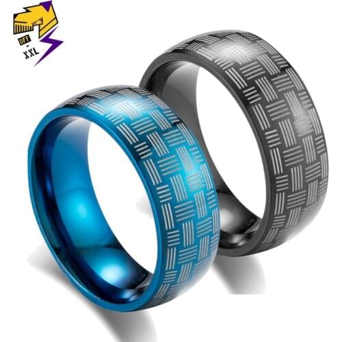 Fashion Titanium Steel Black Ring Men Laser Line Blue Wave Finger Rings Wedding Bands 8mm Cool Male Engagement Jewelry