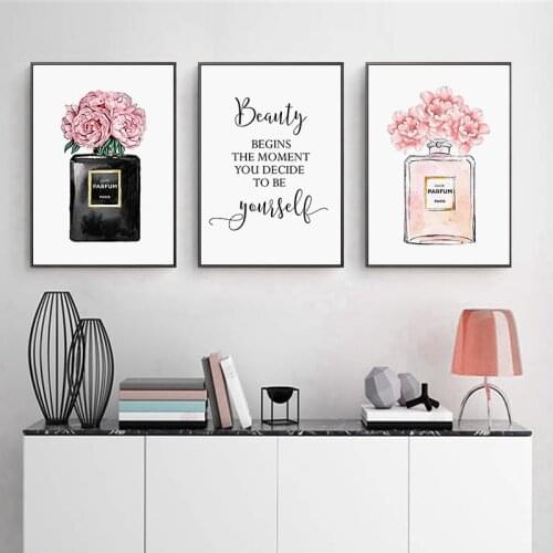 Fashion Poster Pink Perfume Flowers Canvas Print Quotes Wall Art Painting Modern Home Decor Vogue Picture Girl Room Decoration