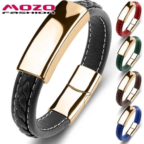 MOZO FASHION Trendy Men Bracelet Black Leather Glossy Stainless Steel Women Collocation Punk Cuffs Jewelry 14 Color 124