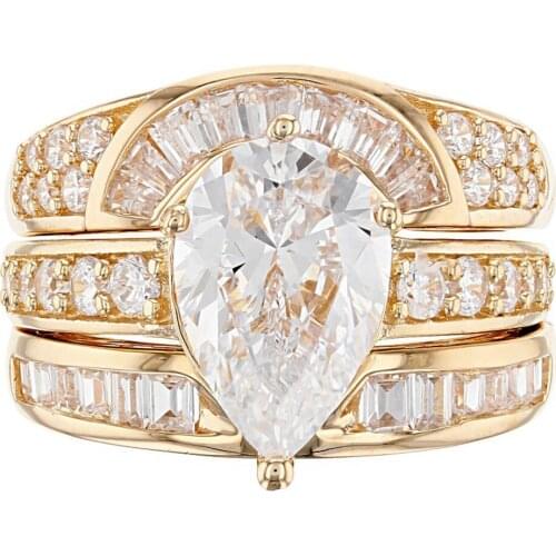 Modyle Wholesale Luxury 3PC Bridal Ring Sets Super Luxury Golden Color Micro Paved Solitaire Engagement Rings For Girl