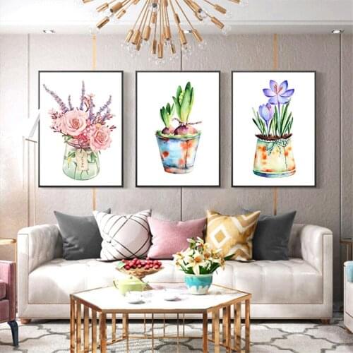 Nordic Style Pink Purple Flower Plant Posters Decoracion Wall Art Canvas Painting Leaf Minimalism Wall Picture Living Room Decor
