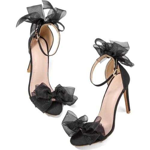 New Wedding Shoes Satin Vamp round Toe Stilettos Bow High Heel Sandals