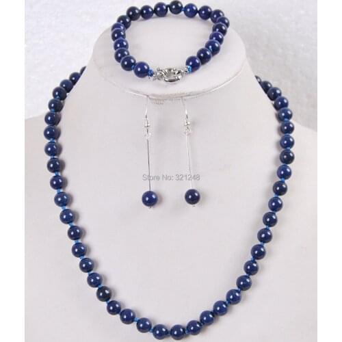 Charming! 2014 new free shipping 8mm Egyptian Lapis Lazuli Round Beads stone necklace bracelet earrings set BV452