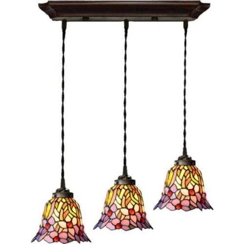3 Heads Vintage Pastoral TIffany Colorful Glass Flowers Dining Room Bar Suspension for Foyer Apartment Glass Pendant Light 1102