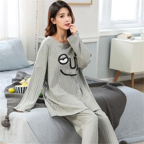 Sexy sleepwear Autumn and winter new pajamas women plus size cotton long-sleeve trousers casual home wear loose nightgown