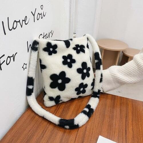 Casual Flower Printed Shoulder Crossbody Bags Autumn Women Plush Soft Fluffy Handbags Street Travel Large Capacity Clutch Totes