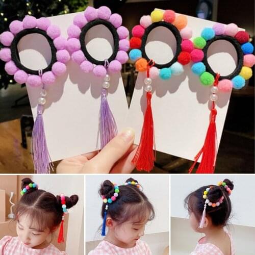 2pcs Pom Balls Tassel Elastic Hair Bands For Girls Updo Ponytail Holder Scrunchies Baby Kids Pompom Rubber Band Hair Ties