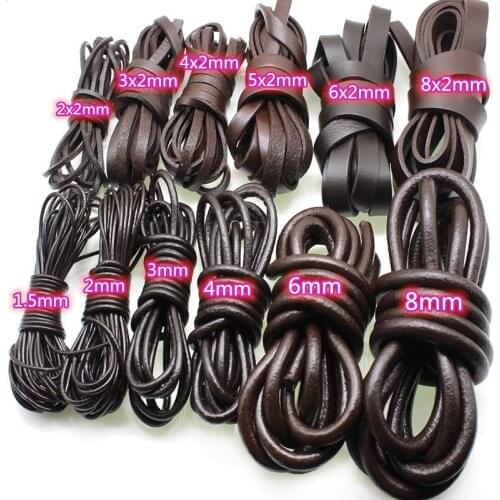 2M 1.5 2 3 4 5 6 8 mm Brown Real Genuine Leather Cord Round Flat Rope String for DIY Leather Bracelet Necklace Jewelry Findings