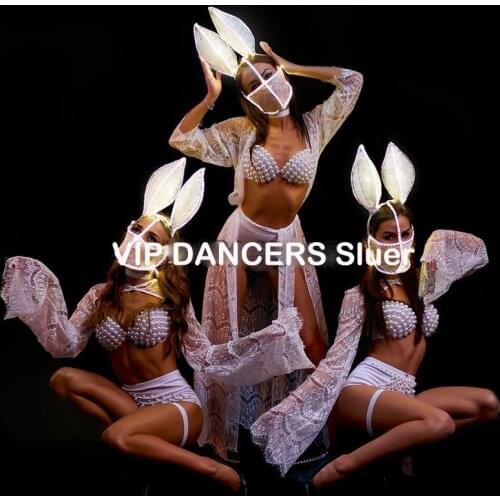 High-End Custom Luminous Bunny Costume Sexy Pearl Bikini Sets Gogo Nightclub Ds Lead Dance Stage Costume Rave Clothes DQS7193