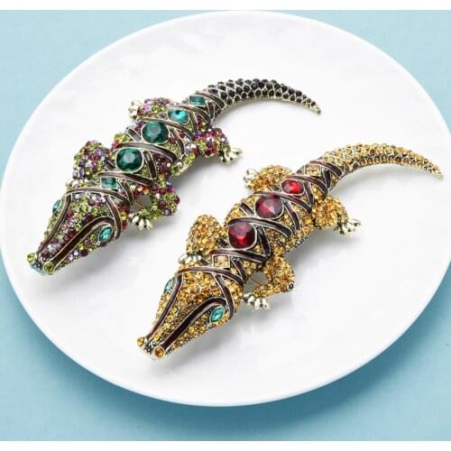 Wuli&baby Big Luxury Crocodile Brooches For Women Men 2-color Rhinestone Enamel Beauty Fish Brooch Pin Gifts