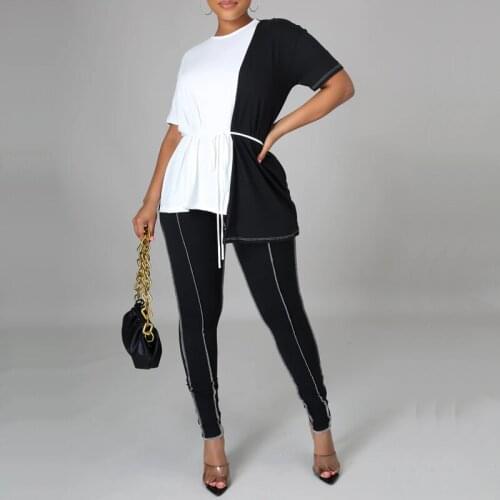 Women Casual Two Piece Fashion Splicing Short Sleeve T Shirt & High Waist Stretch Pants Set Loose Comfy Suits Sportwear 2pcs