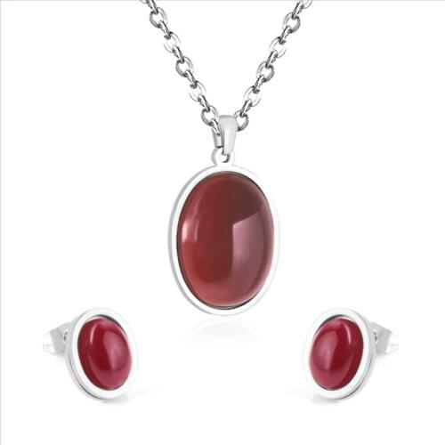 Stainless Steel Oval Shape Pendant Red Agates Necklace Stud Earrings for Women Geometric Jewelry Sets