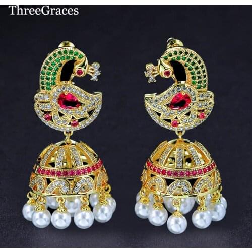 ThreeGraces Jewelry Shiny Yellow God Color Cubic Zircon Micro Pave Pearl Dangling Big Bohemian Peacock Earrings For Women ER097