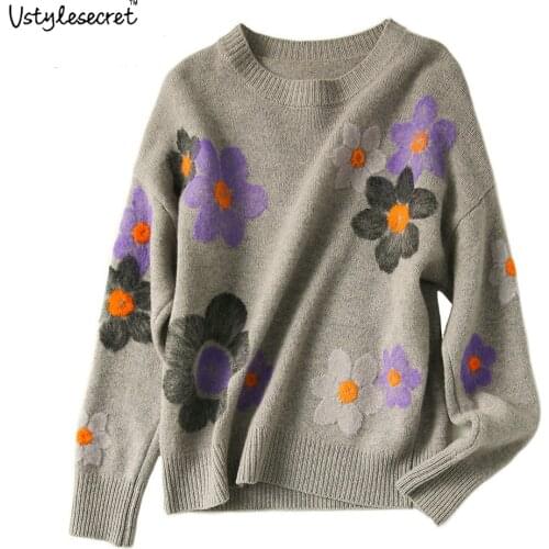 Floral O Neck Sueters De Mujer Winter 2021 Artficial Wool Sweater Korean Fashion Pull Femme Casual Soft Long Sleeve Tops YS07003