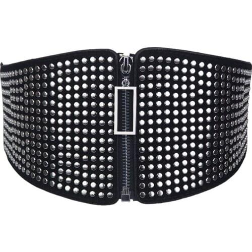 Elastic Waist Bandage Vintage Wild Waist Belt Ladies' Decorative Wide Black Faux Leather Punk Retro Rivet Compote Belt 904-A984