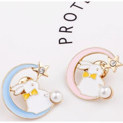 Cartoon Rabbit Metal Enamel Brooch Cute Sweet Pink Moon Pearl Animal Badge Pin Female Trendy Charm Sweater Backpack Jewelry Gift