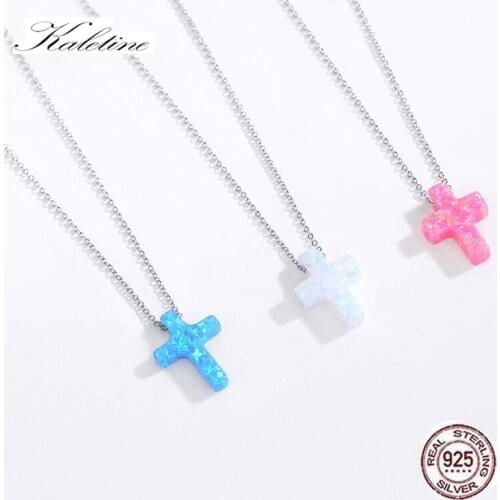 KALETINE Women Cross Opal Necklace Genuine 925 Sterling Silver Lab Opal Blue Cross Charm Opal Necklace KLTN019