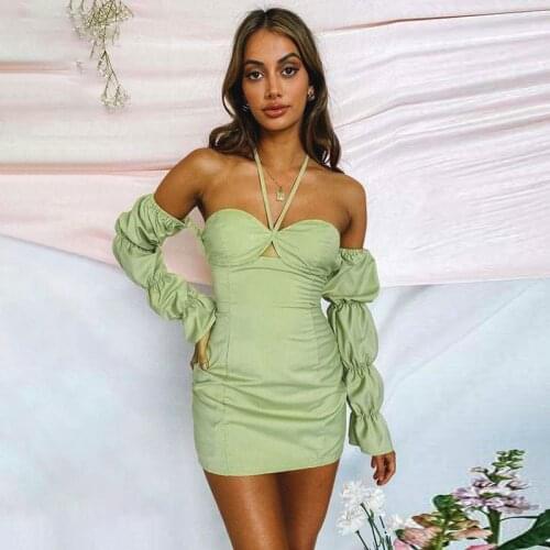 Autumn Winter Lady Dress Elegant One Word Shoulder Long Sleeve Tight Dresses Party Club Sexy Backless Split Dress Women Vestidos