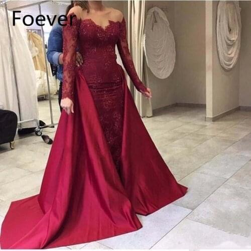 Modest Burgundy Long Evening Dress 2019 New Lace Long Sleeves Mermaid Prom Dresses with Detachable Train Custom Robe de soiree