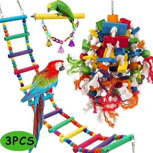 3PCS/Set Bird Parrot Toys Bird SwingToys with Colorful Wood Beads Parrot Ladders Perches Stand for Budgie Lovebirds Conures