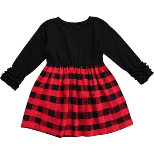 Baby Christmas Outfits, Red Plaid Splicing O-Neck Long Pleated Sleeves Dress for Toddlers, Girls, 6 Months to 4 Years