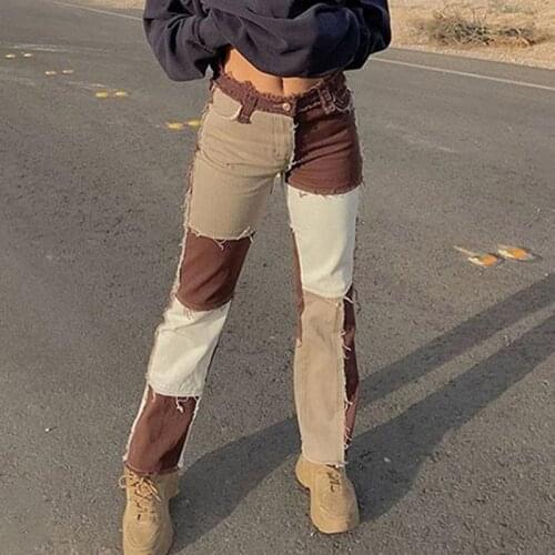 Unaiza Autumn Women Cowboy Striped Patchwork Street Casual Hip Hop High Waist Loose Straight Jeans Pants Mujer Fashion Straight