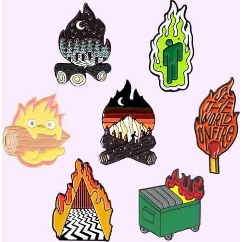 Flame Fire Enamel Pin Calcifer Trash Can Matches Brooches Backpacks Lapel Pin Funny Metal Badge Jewelry Gift Friends Wholesale