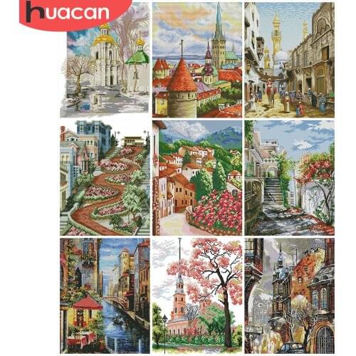 HUACAN Embroidery City Sets White Canvas Home Decoration Needlework Cross Stitch Scenery Kits 11CT 14CT DIY Gift