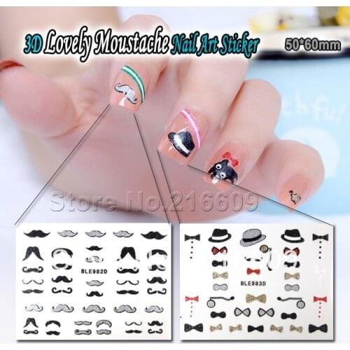 Nail Decal 20Sheets/Lot Bow Moustache Nail Decal Glitter Powder Design 3D Nail Art Sticker Decoration BLE981D+BLE982D+BLE983D