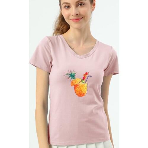 Pineapple Printed Summer Cotton T Shirt Fashion Woman Clothes 2020 Graphic T Shirts Women New Slim V-neck Short Sleeve Tee Top