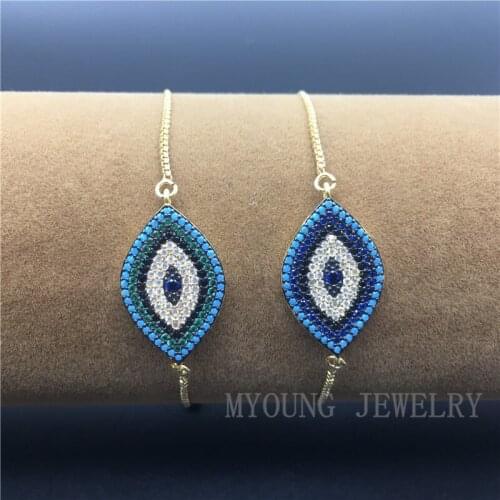 MY1201 Fashion Micro Pave CZ Zircon Evil Eye Charm Connector With Golden adjustable chain Bracelet Jewelry pulseira feminina